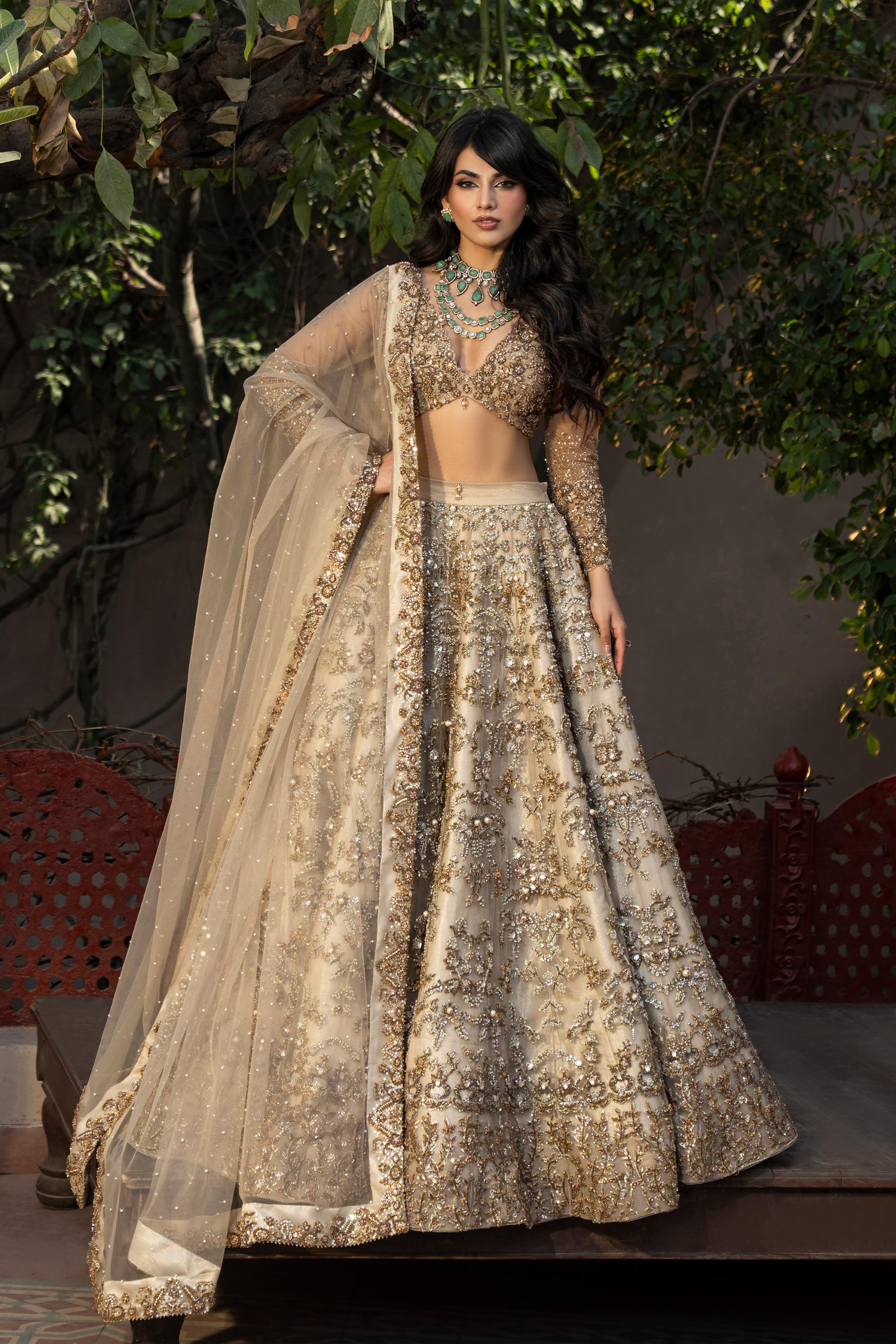 gold asian bridal dress Asian Bridal Maxi Lehnga in Ivory Color Medium main image 0